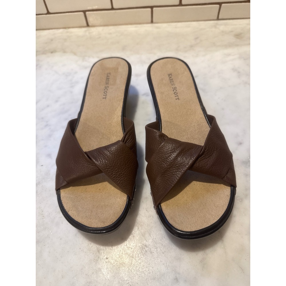 Karen Scott Abria Leather Upper Slide Sandals Brown Twisted Size 8.5M‎
